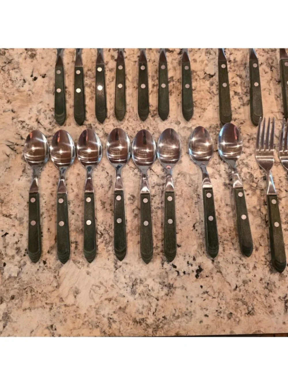 Town & Country  Wood Handle Stainless Flatware 31 Pc Fork Spoon Set Lot